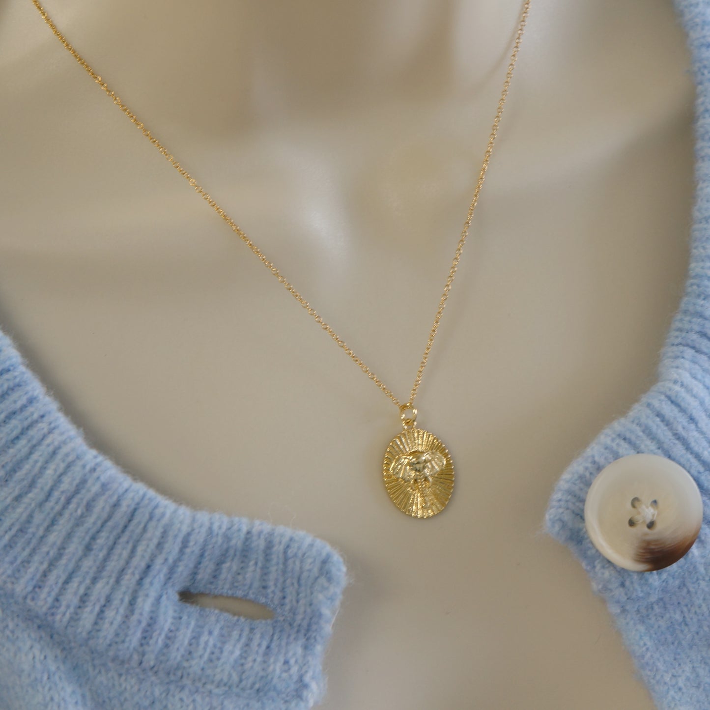 Elephant Face Oval Charm Necklace, Gold Pendant Elephant Necklace