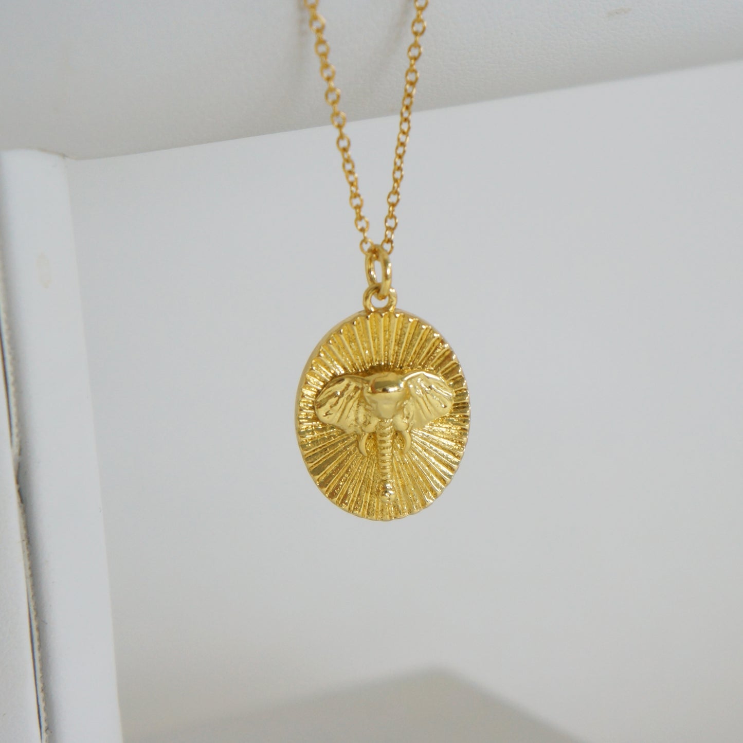 Elephant Face Oval Charm Necklace, Gold Pendant Elephant Necklace