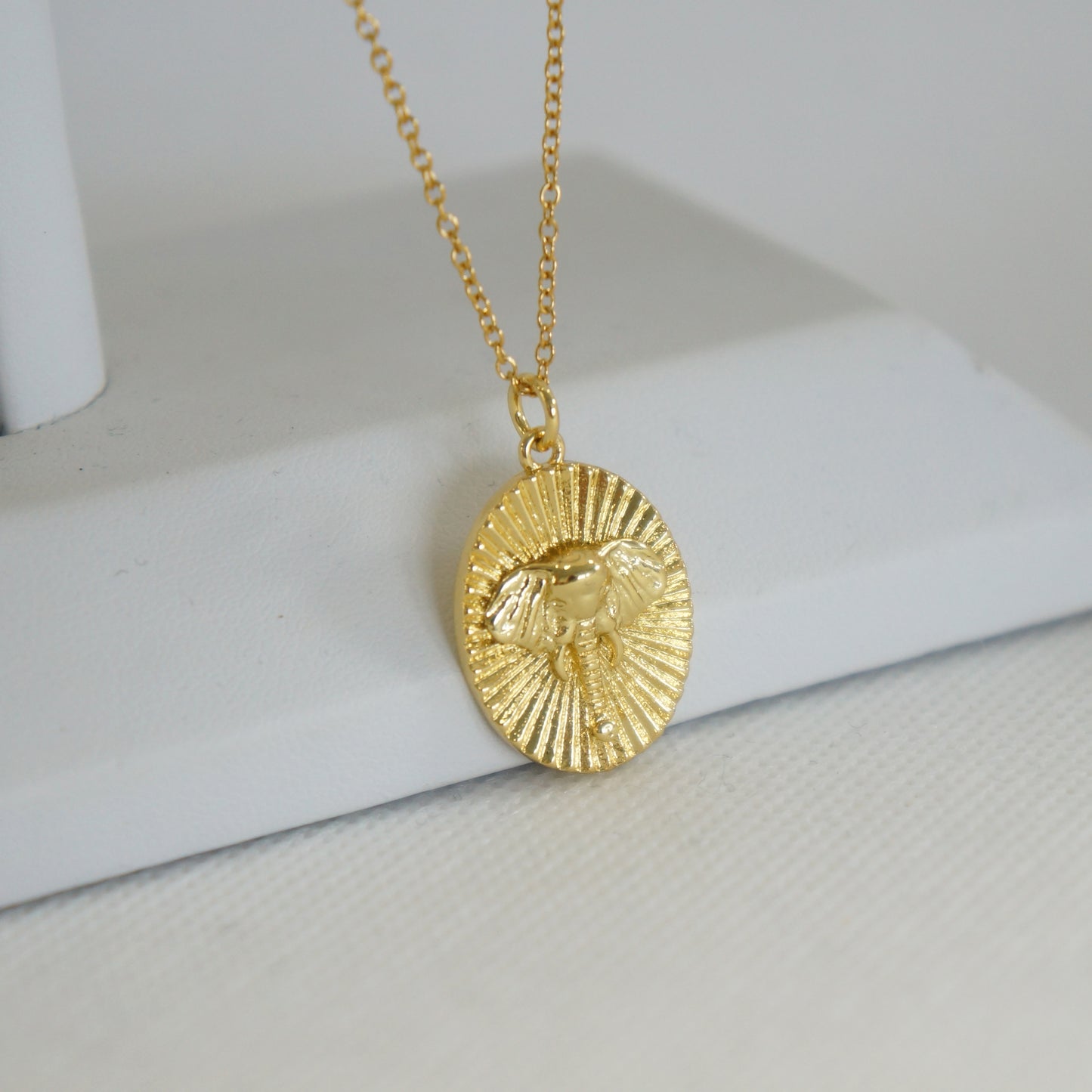 Elephant Face Oval Charm Necklace, Gold Pendant Elephant Necklace