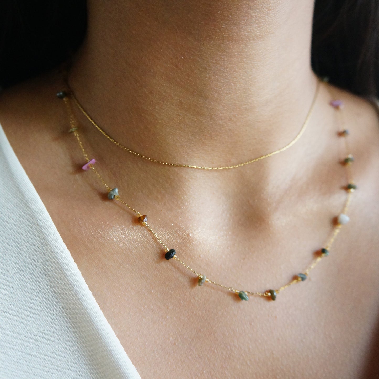 Delicate Gemstone Chain Necklace SET OF TWO