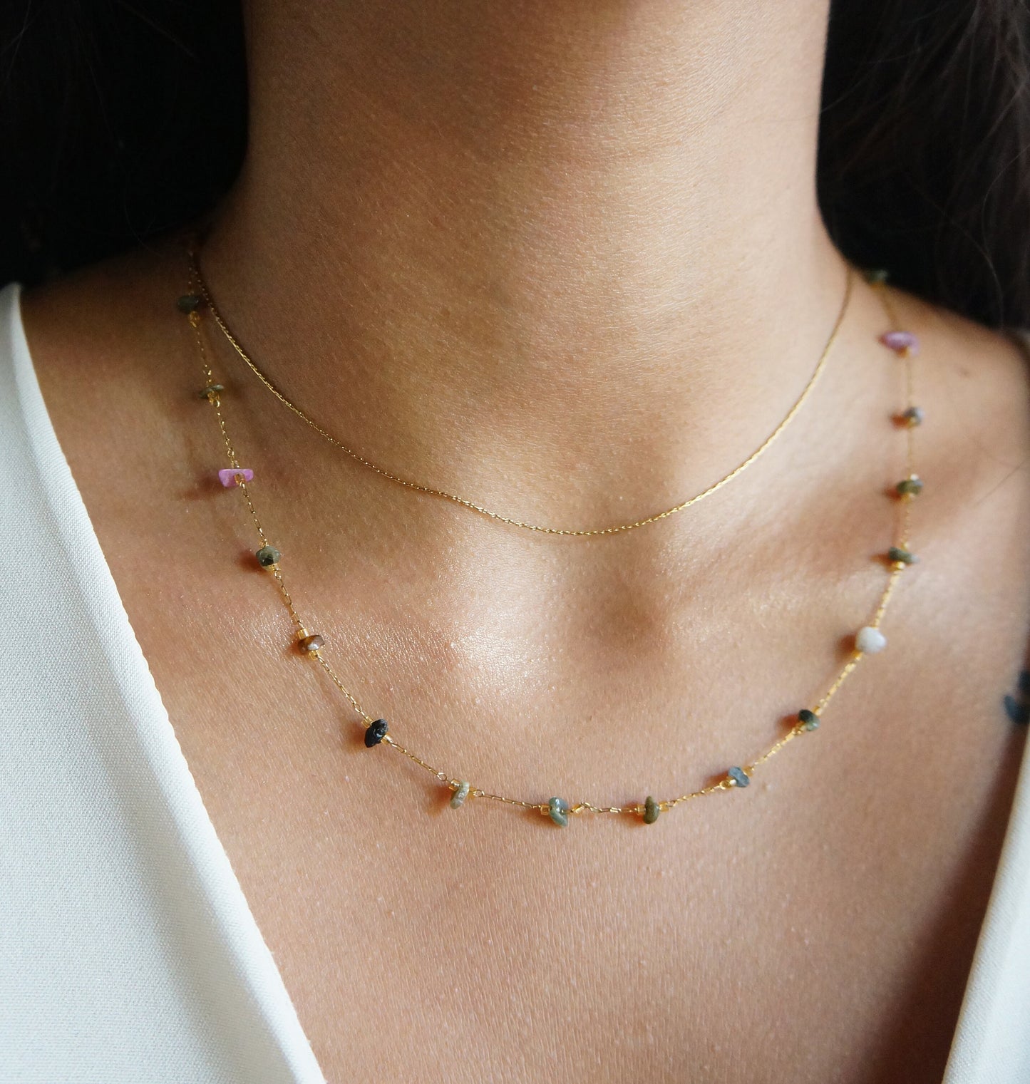 Delicate Gemstone Chain Necklace SET OF TWO