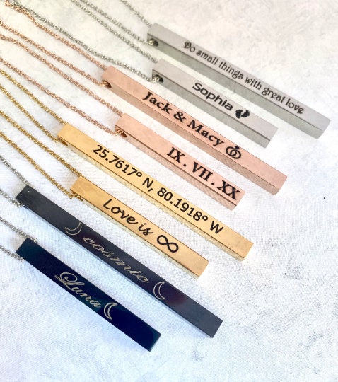 Name Bar Necklace Friendship Memories Necklace Engraved Bar Coordinates Names Message Necklace Christmas Gift Idea for Women Sisters Girls