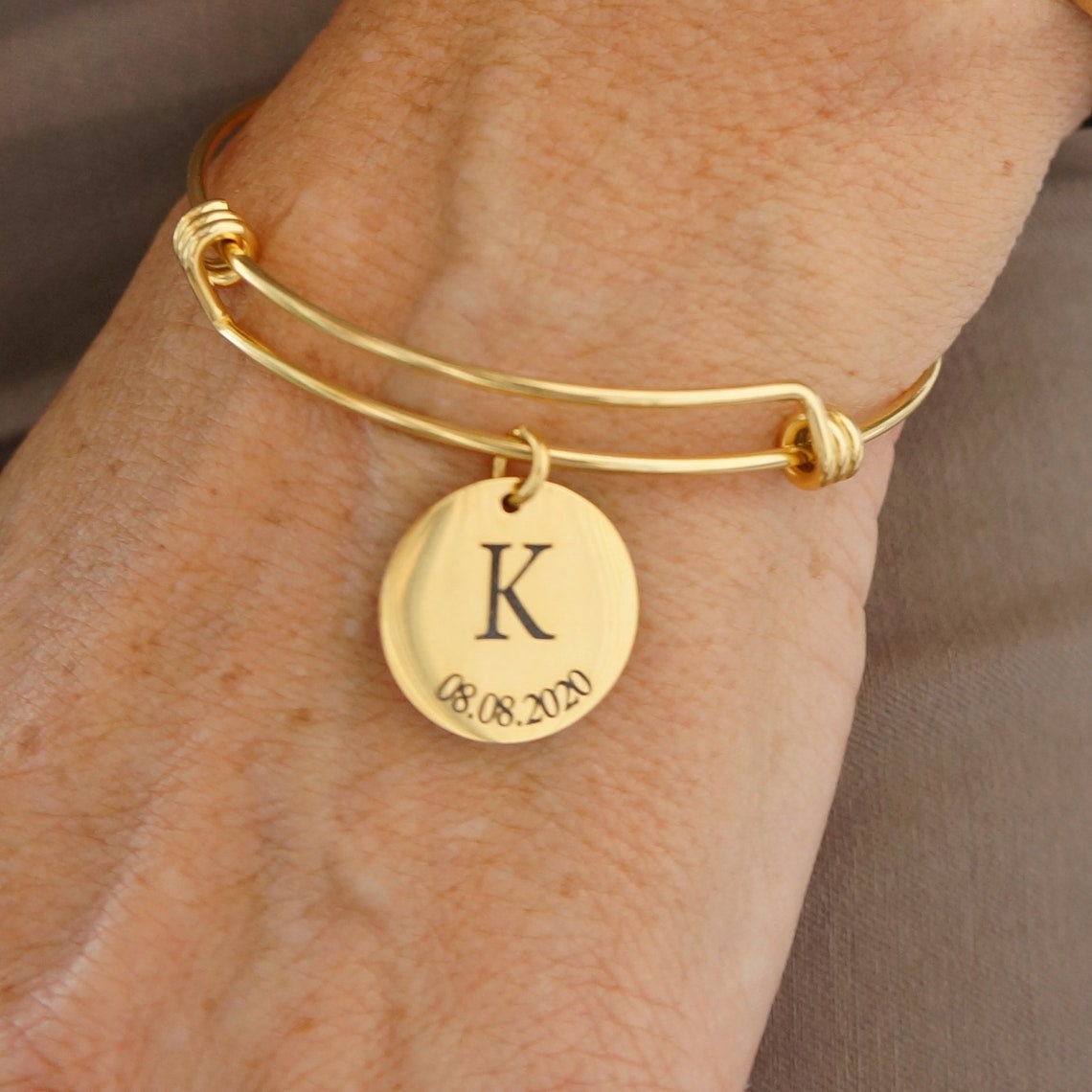 Personalized Adjustable Bangle/ Initial Date Custom Engraved Bracelet/ Available in Rose Gold Silver & Gold/ Anniversary Friendship Bracelet