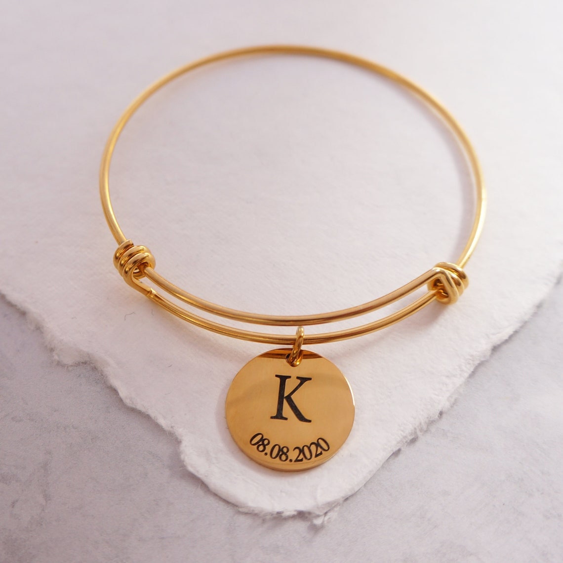 Personalized Adjustable Bangle/ Initial Date Custom Engraved Bracelet/ Available in Rose Gold Silver & Gold/ Anniversary Friendship Bracelet