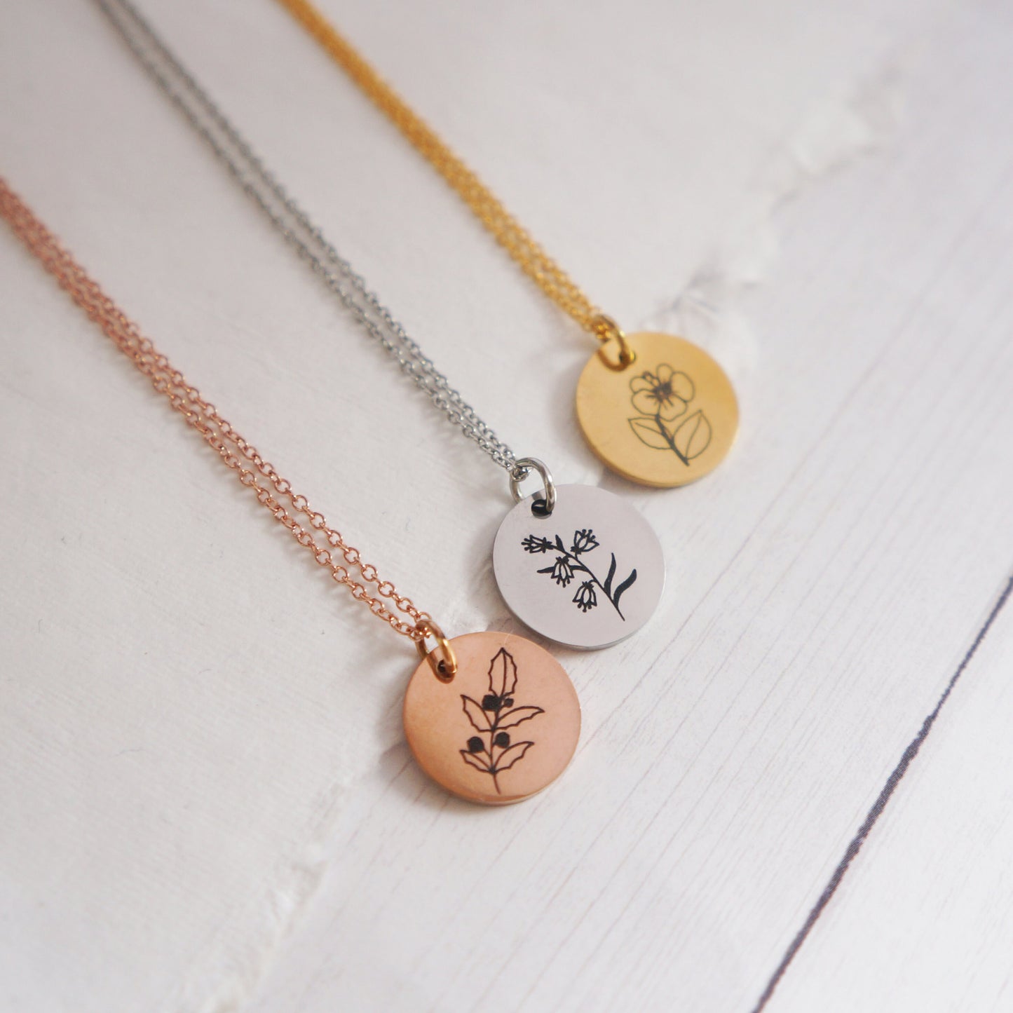 Engraved Birth Flower Necklace for Her