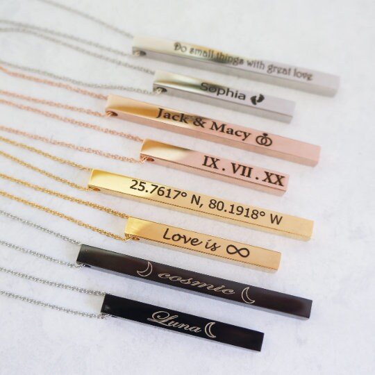 Name Bar Necklace Friendship Memories Necklace Engraved Bar Coordinates Names Message Necklace Christmas Gift Idea for Women Sisters Girls