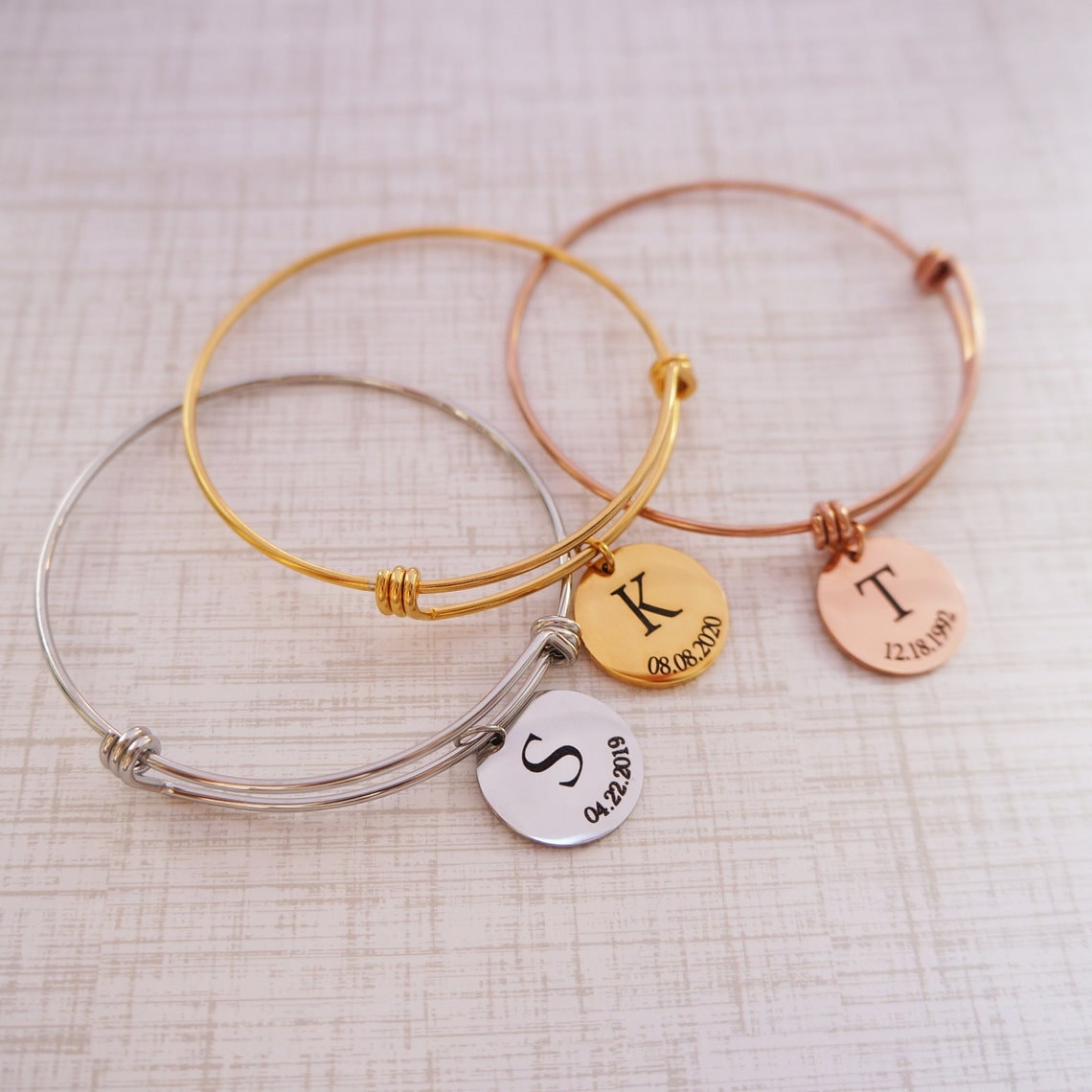 Personalized Adjustable Bangle/ Initial Date Custom Engraved Bracelet/ Available in Rose Gold Silver & Gold/ Anniversary Friendship Bracelet