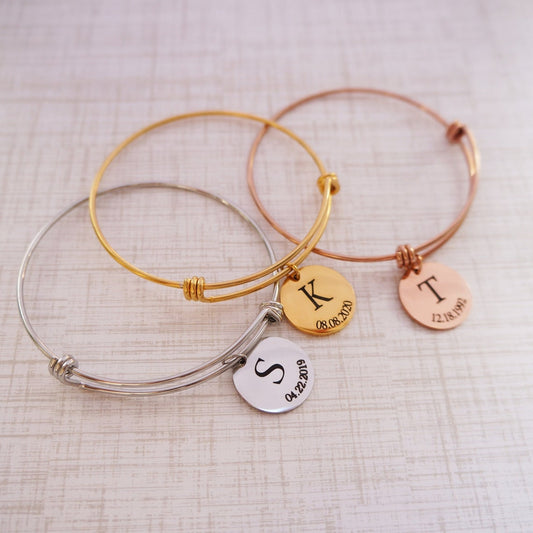 Personalized Adjustable Bangle/ Initial Date Custom Engraved Bracelet/ Available in Rose Gold Silver & Gold/ Anniversary Friendship Bracelet