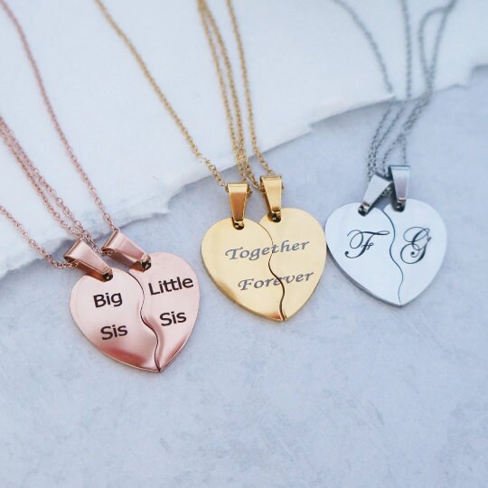 TWO Half Hearts Necklaces Mother Daughter Necklaces Sisters Necklaces Engraved Heart Necklace Couple Anniversary Necklace Gift