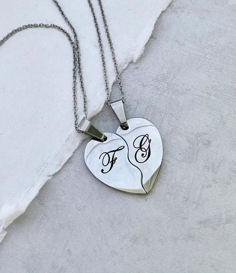 TWO Half Hearts Necklaces Mother Daughter Necklaces Sisters Necklaces Engraved Heart Necklace Couple Anniversary Necklace Gift