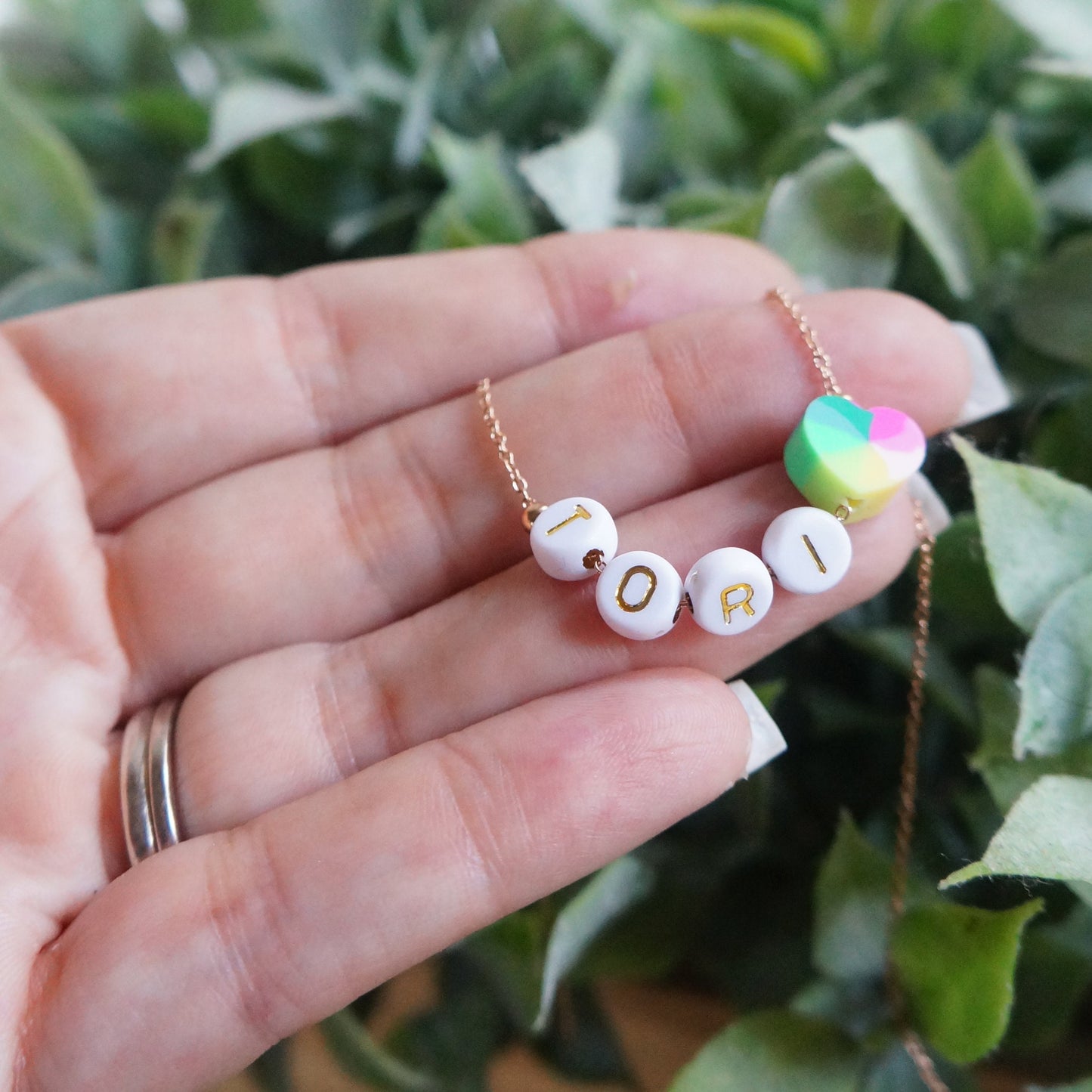 Gold Beaded Name Heart Necklace