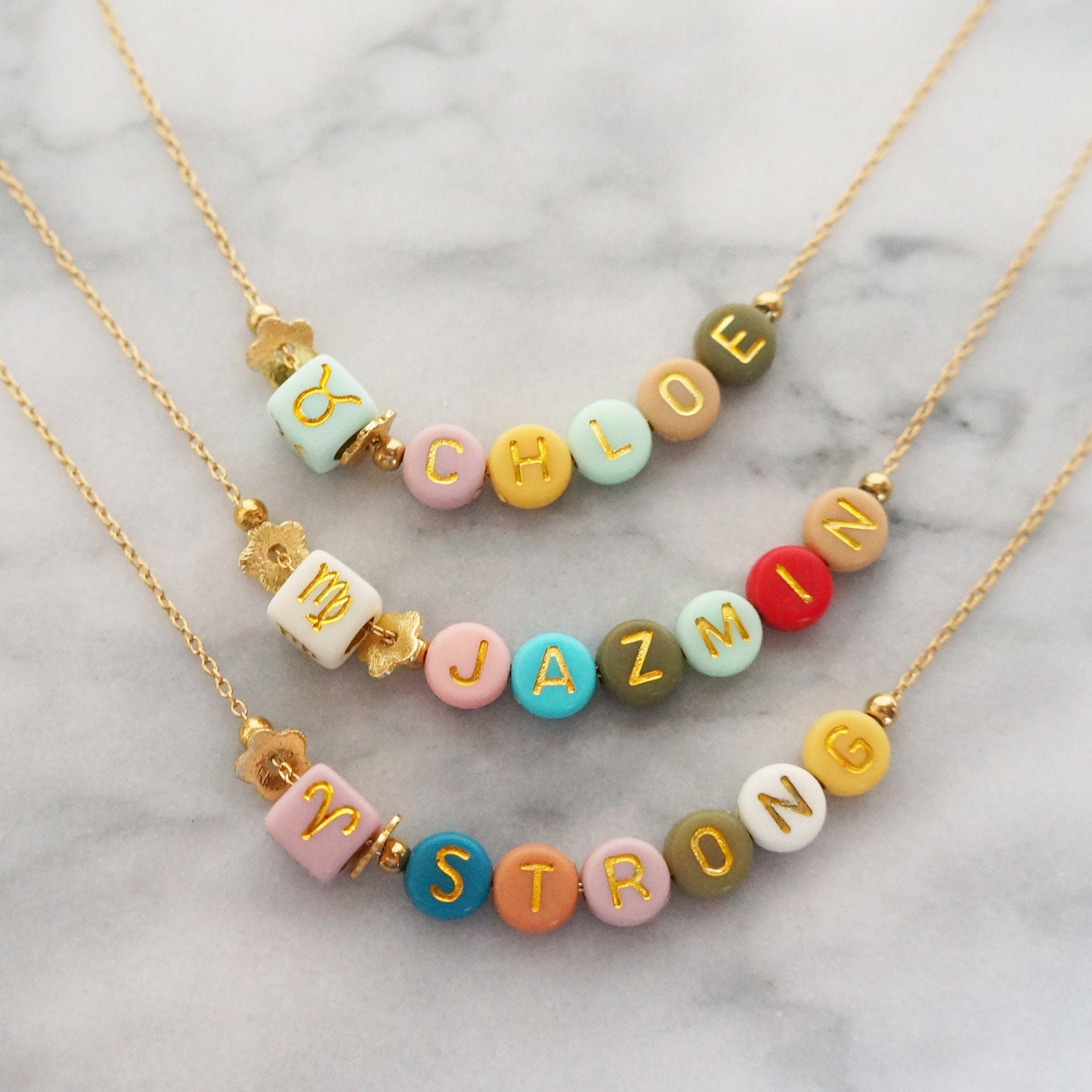 Personalized Zodiac Name Gold Beaded Necklace Gift for Best Friend Custom Made Gift for Women Dainty Gold Personalized Necklace