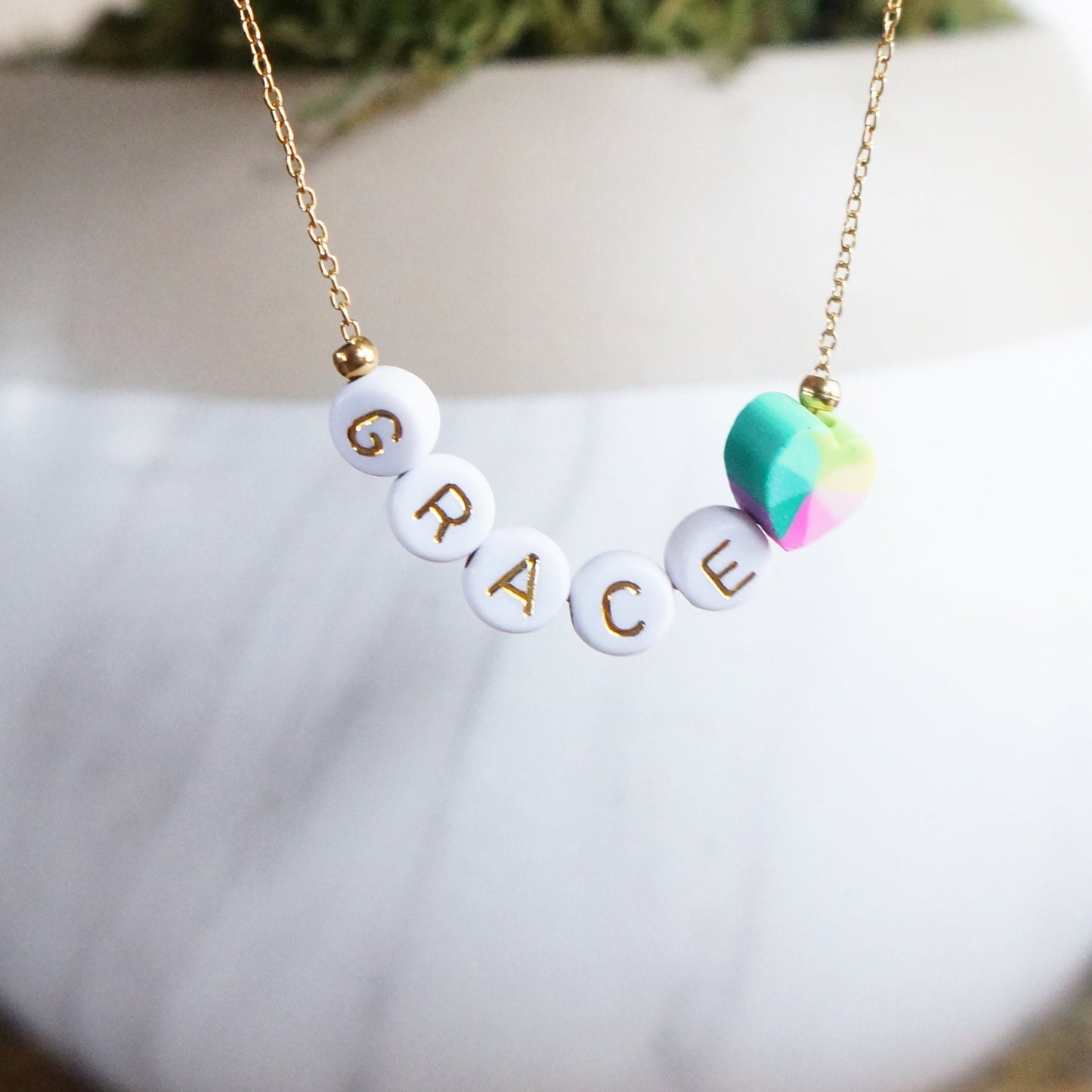 Gold Beaded Name Heart Necklace