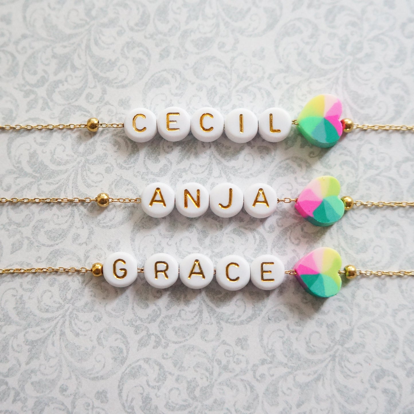 Gold Beaded Name Heart Necklace