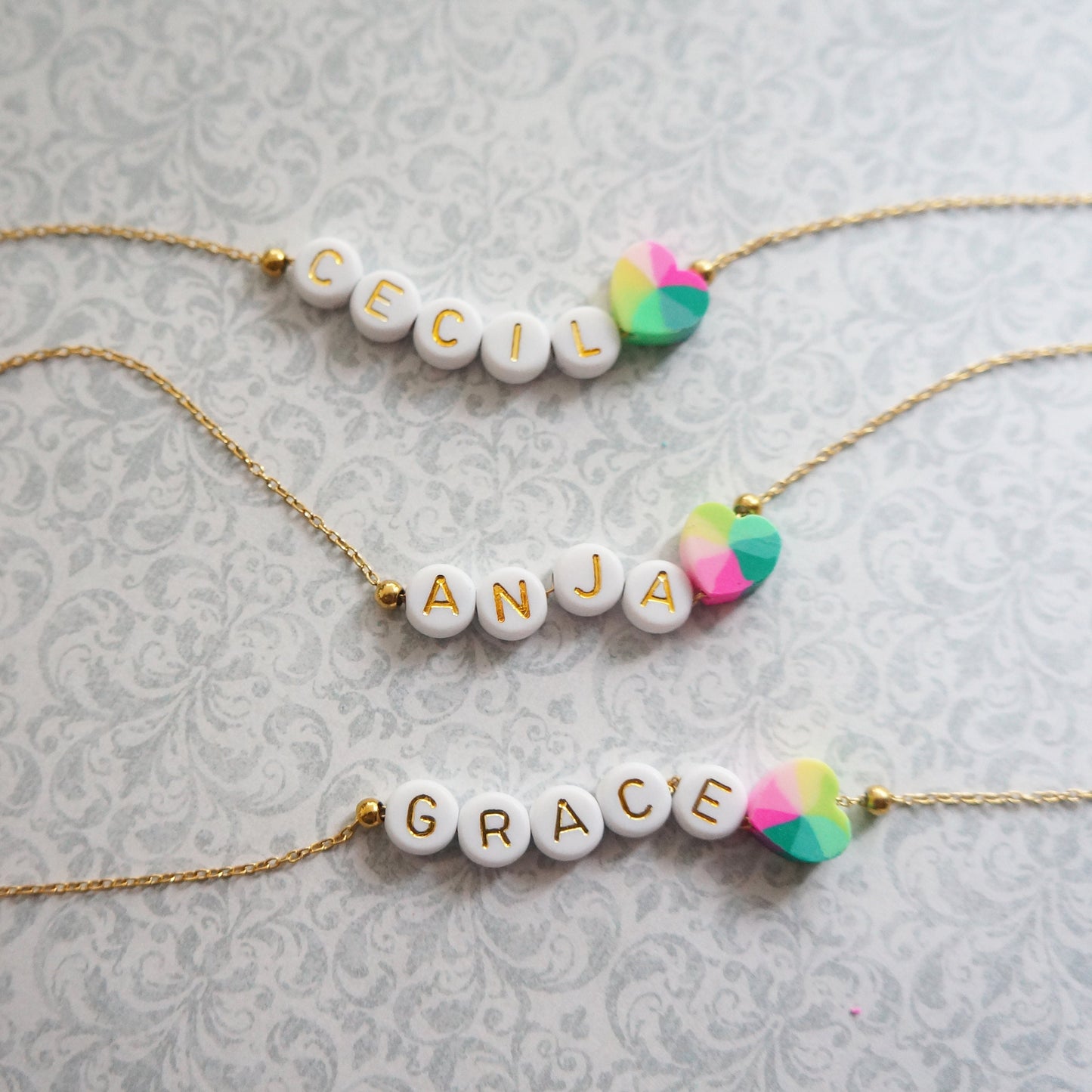 Gold Beaded Name Heart Necklace