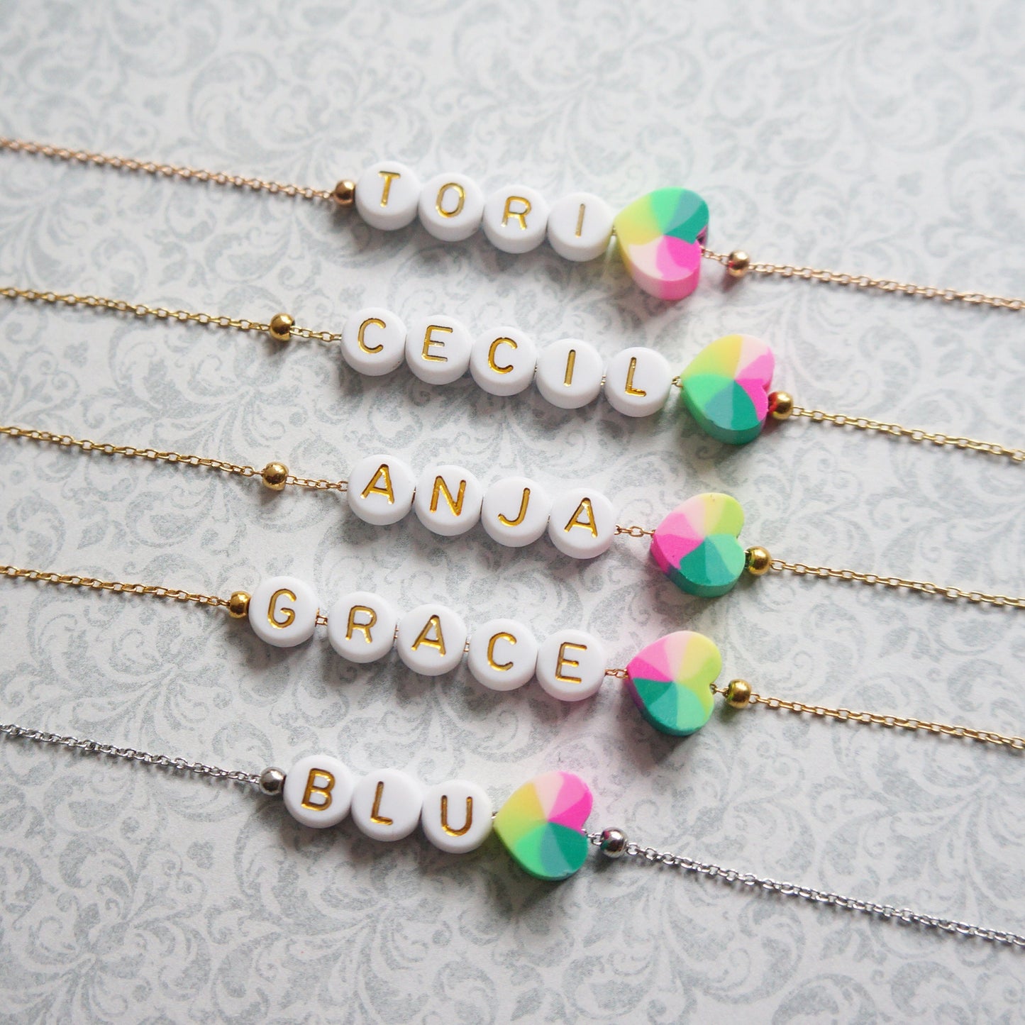 Gold Beaded Name Heart Necklace