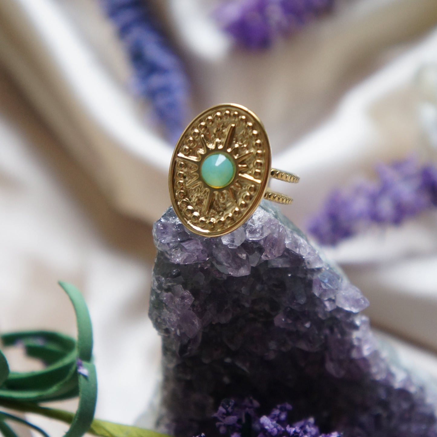 Stunning Ancient Style Gold Ring Green Opal Oval Ring Adjustable Ring for Woman Statement Ring Double Band Ring