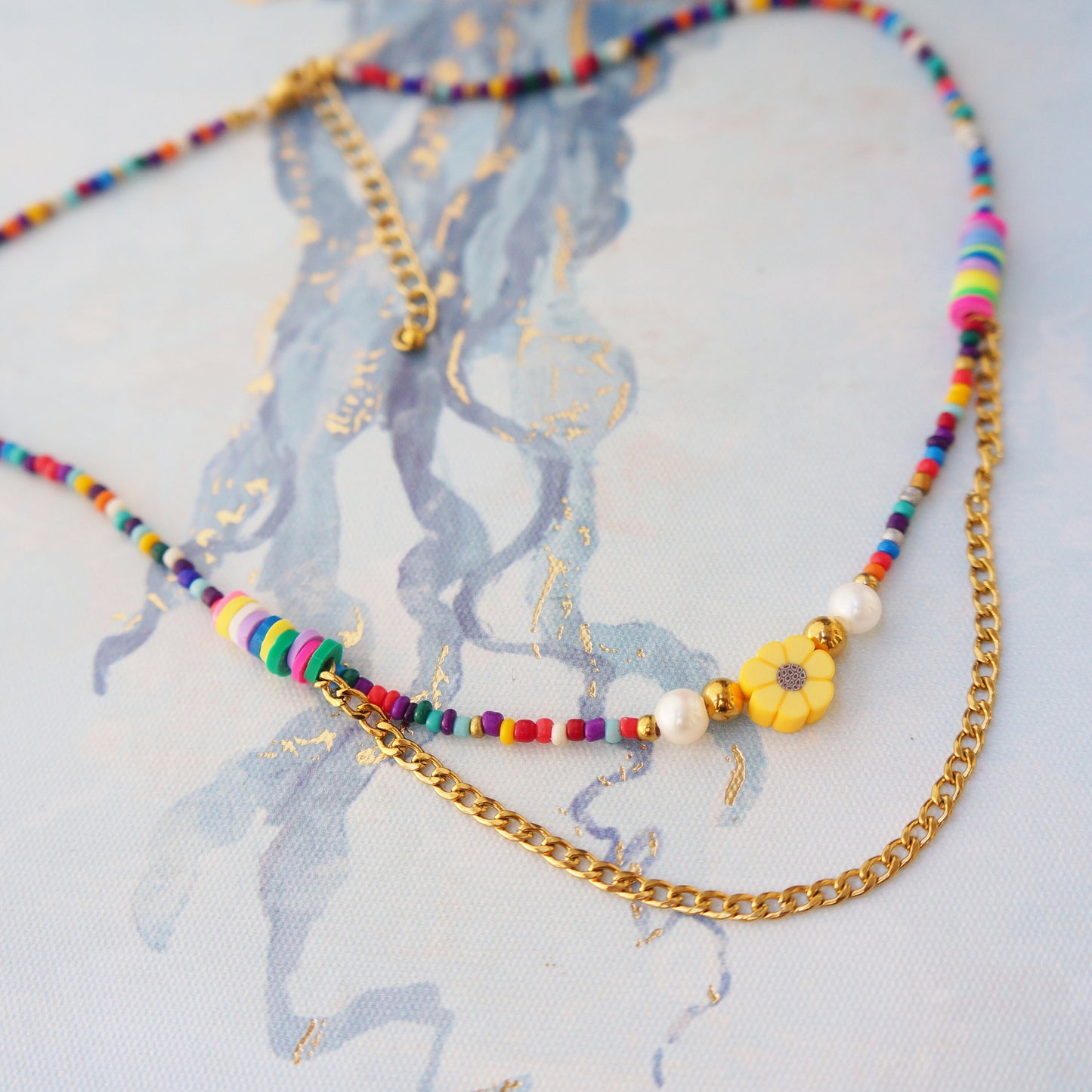 Colorful Happy Necklace Pearl Beaded Necklace Best Friend Happy Gift Fun Necklace Sunflower Necklace Hippie Necklace for Woman Y2K Necklace