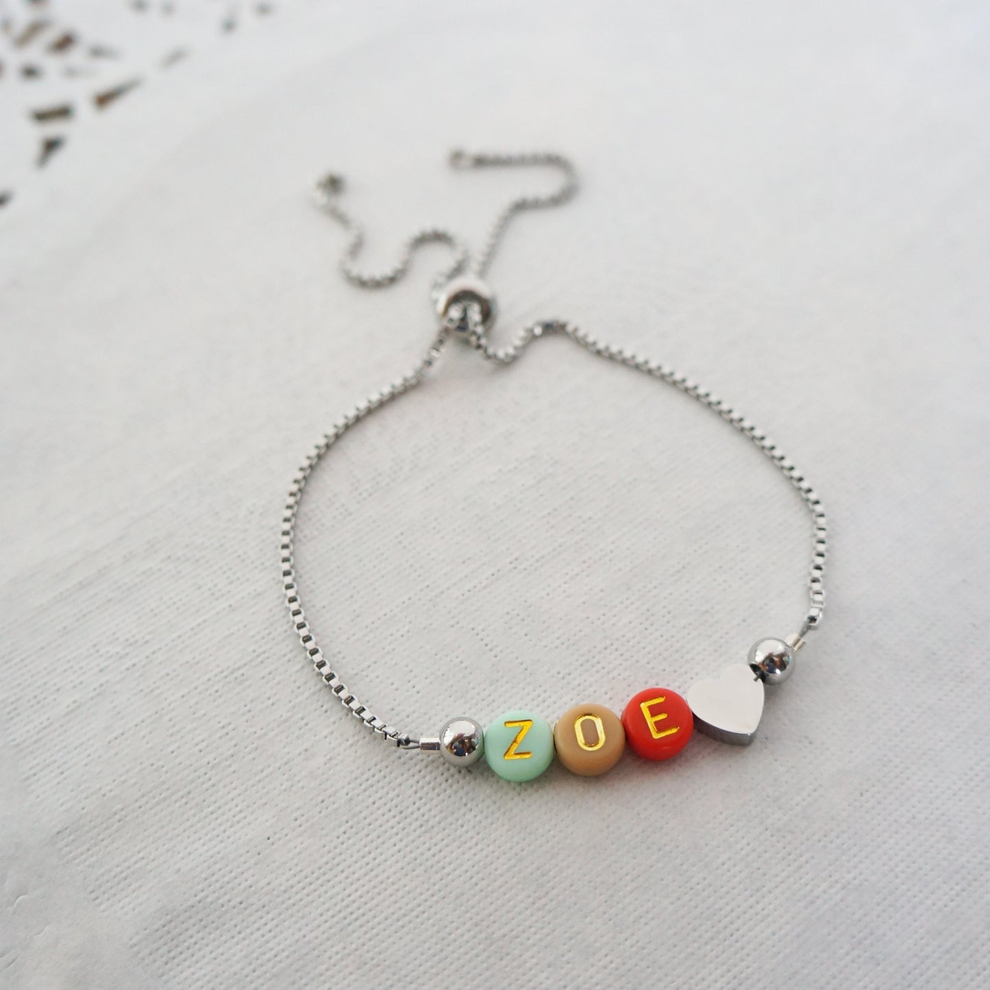 Box Chain Adjustable Full of Color Beaded Bracelet Slide Heart Bracelet Gift for Teacher Mother Best Friend Name Stacking Bracelet