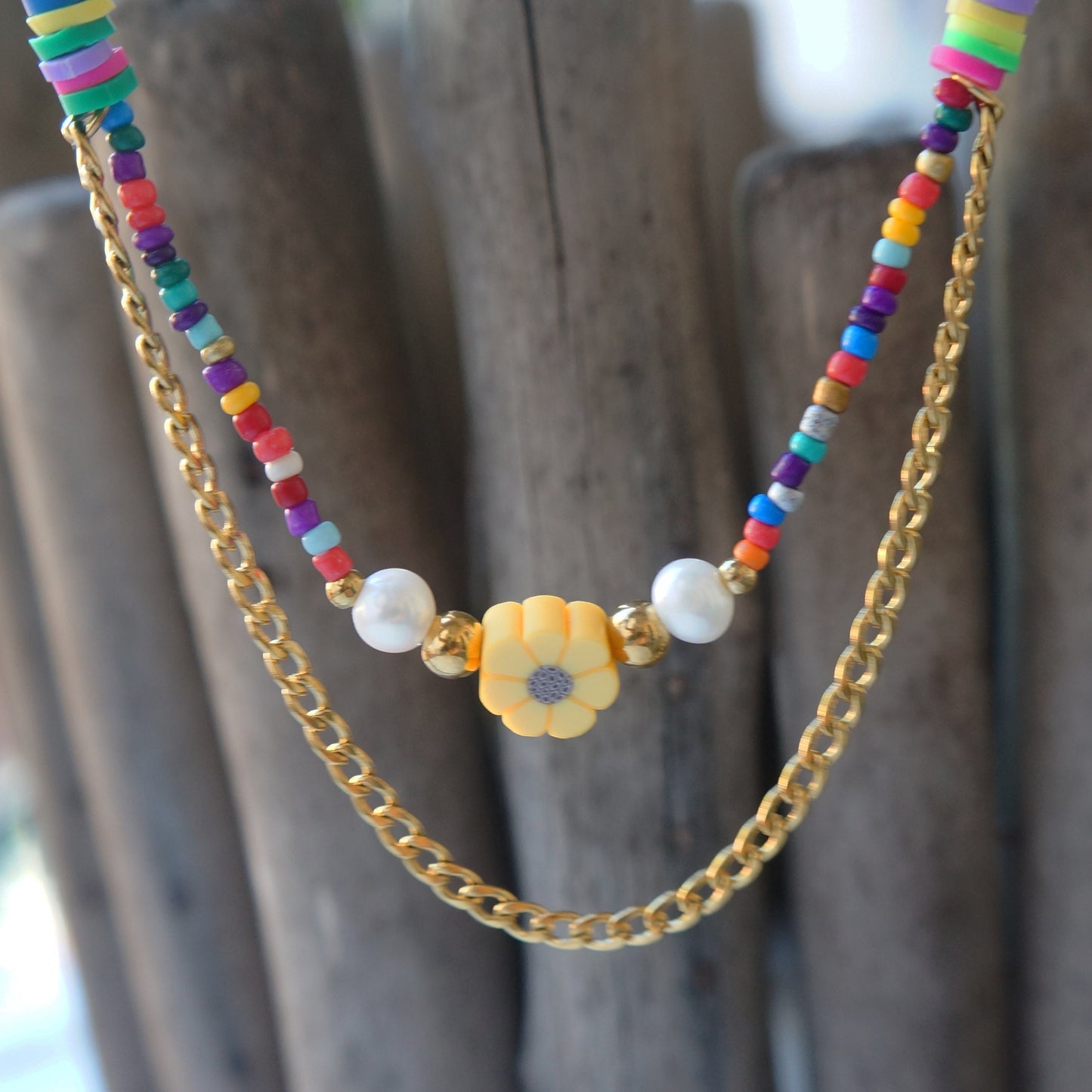 Colorful Happy Necklace Pearl Beaded Necklace Best Friend Happy Gift Fun Necklace Sunflower Necklace Hippie Necklace for Woman Y2K Necklace