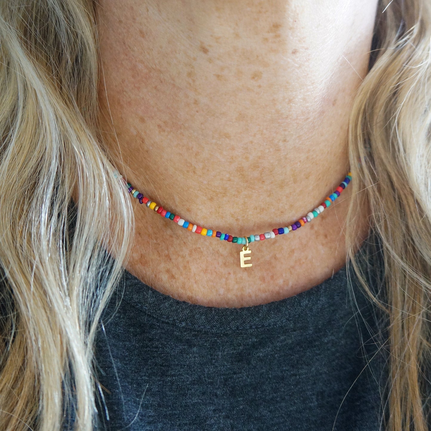 Seed Bead Necklace Multicolor Rainbow Beaded Necklace Gift for Girls Friendship Necklace Custom Gold Initial Charm Multiple Colors Available