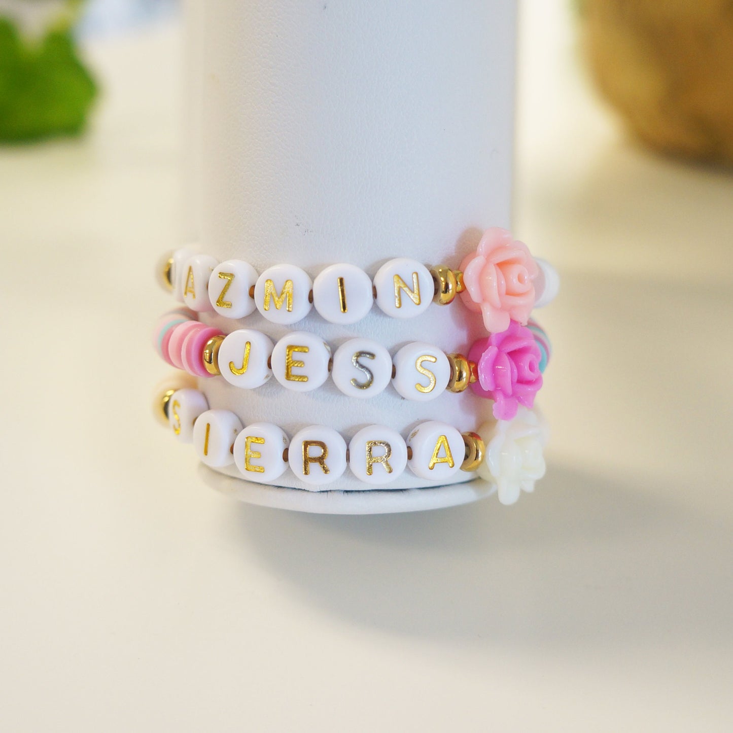 Floral Colorful Name Bracelet Elastic Friendship Bracelet Name Word Bridesmaids Bracelets Gifts White Gold Letters Family Bracelet