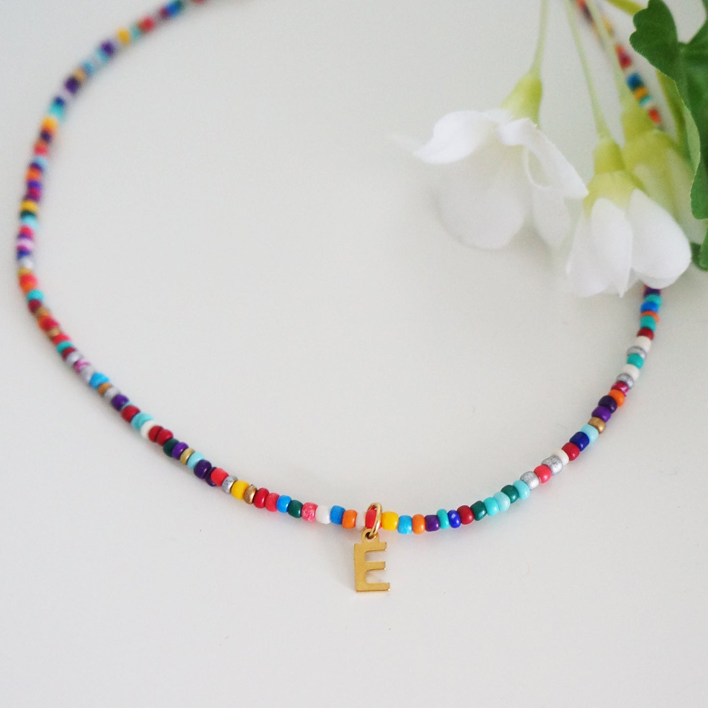 Seed Bead Necklace Multicolor Rainbow Beaded Necklace Gift for Girls Friendship Necklace Custom Gold Initial Charm Multiple Colors Available