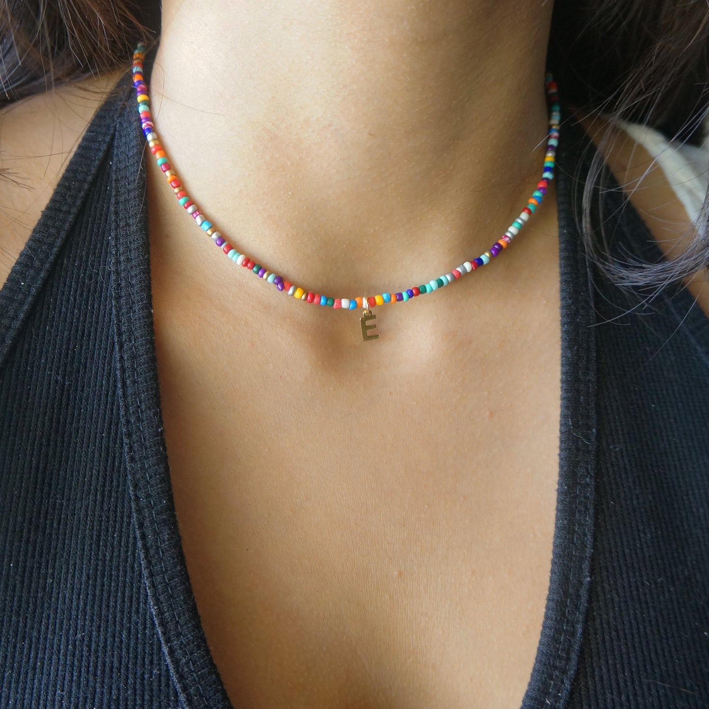 Seed Bead Necklace Multicolor Rainbow Beaded Necklace Gift for Girls Friendship Necklace Custom Gold Initial Charm Multiple Colors Available