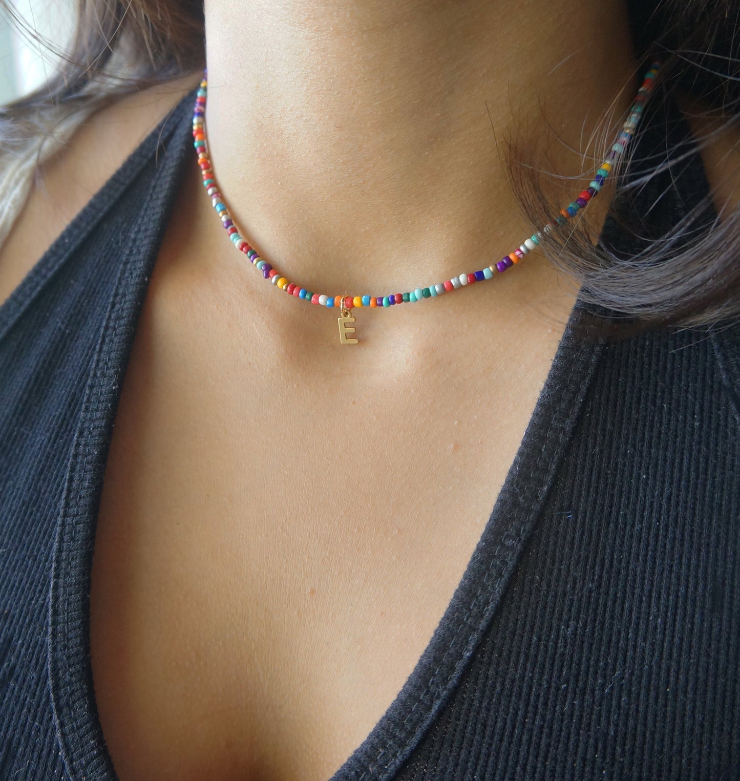 Seed Bead Necklace Multicolor Rainbow Beaded Necklace Gift for Girls Friendship Necklace Custom Gold Initial Charm Multiple Colors Available