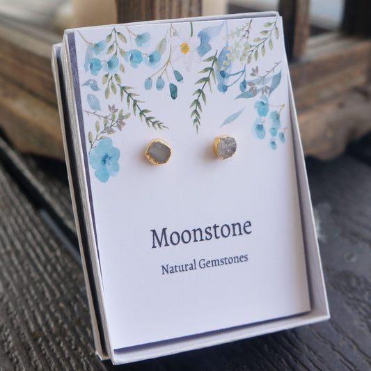 Raw Moonstone Earrings Small Studs Electroplated Birthstone Studs Natural Moonstone Earrings Gift for  Women Graduation Gift