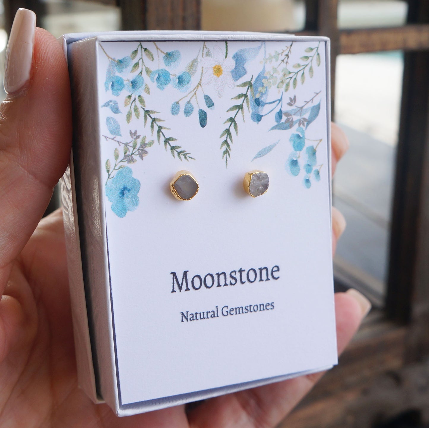 Raw Moonstone Earrings Small Studs Electroplated Birthstone Studs Natural Moonstone Earrings Gift for  Women Graduation Gift