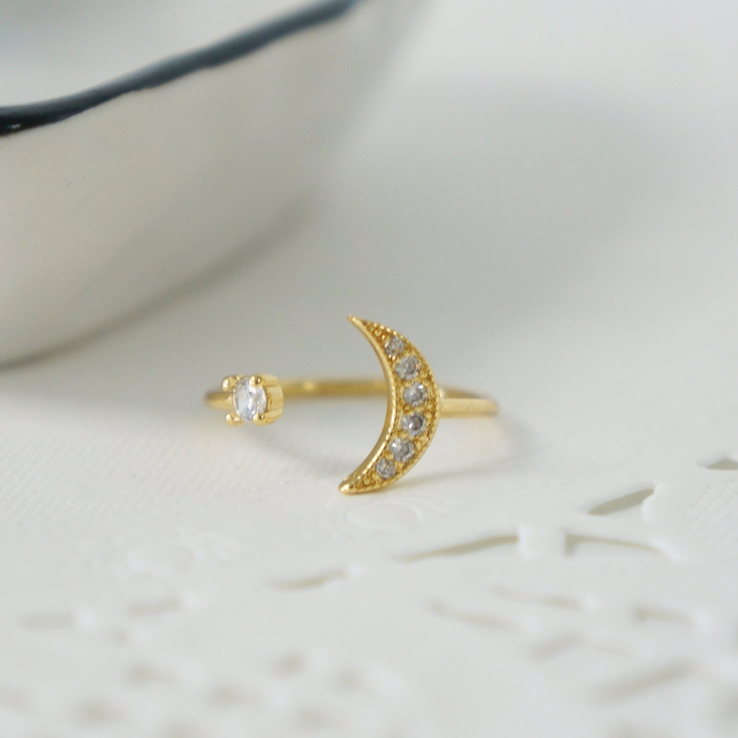 Moon Star Dainty Gold Ring Thin 18kt Gold Filled Ring Moon Celestial Adjustable Ring for Her Stacking Ring Delicate Ring Gift for Woman