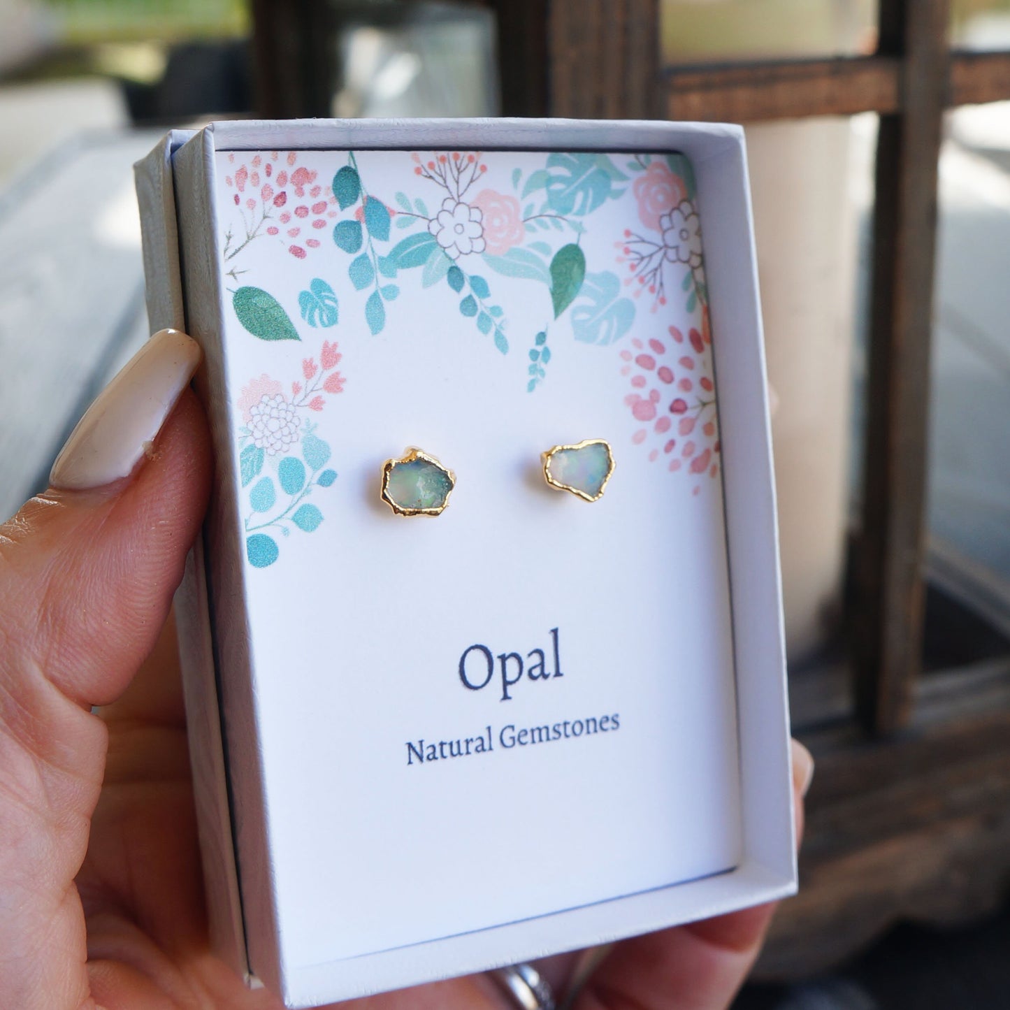 Stunning Small Ethiopian Opal Studs with Gift Card Genuine Natural Rough Opal Earrings October Opal Birthstone Earrings