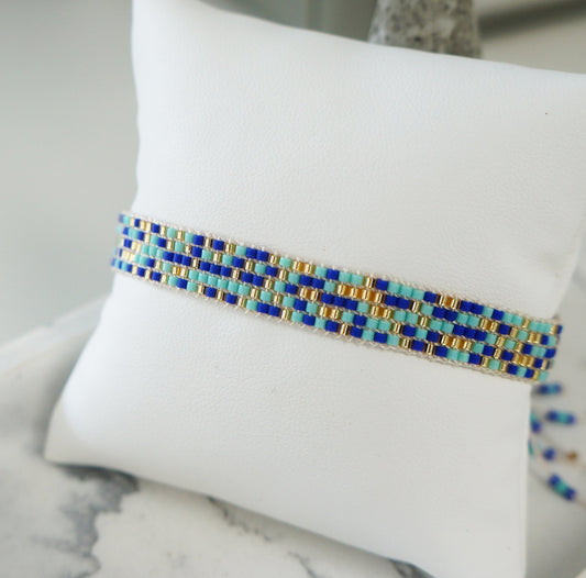 Miyuki Seed Beaded Bracelet Bead Artwork Bracelet Bohemian Bracelet Blue Gold Color Bracelet