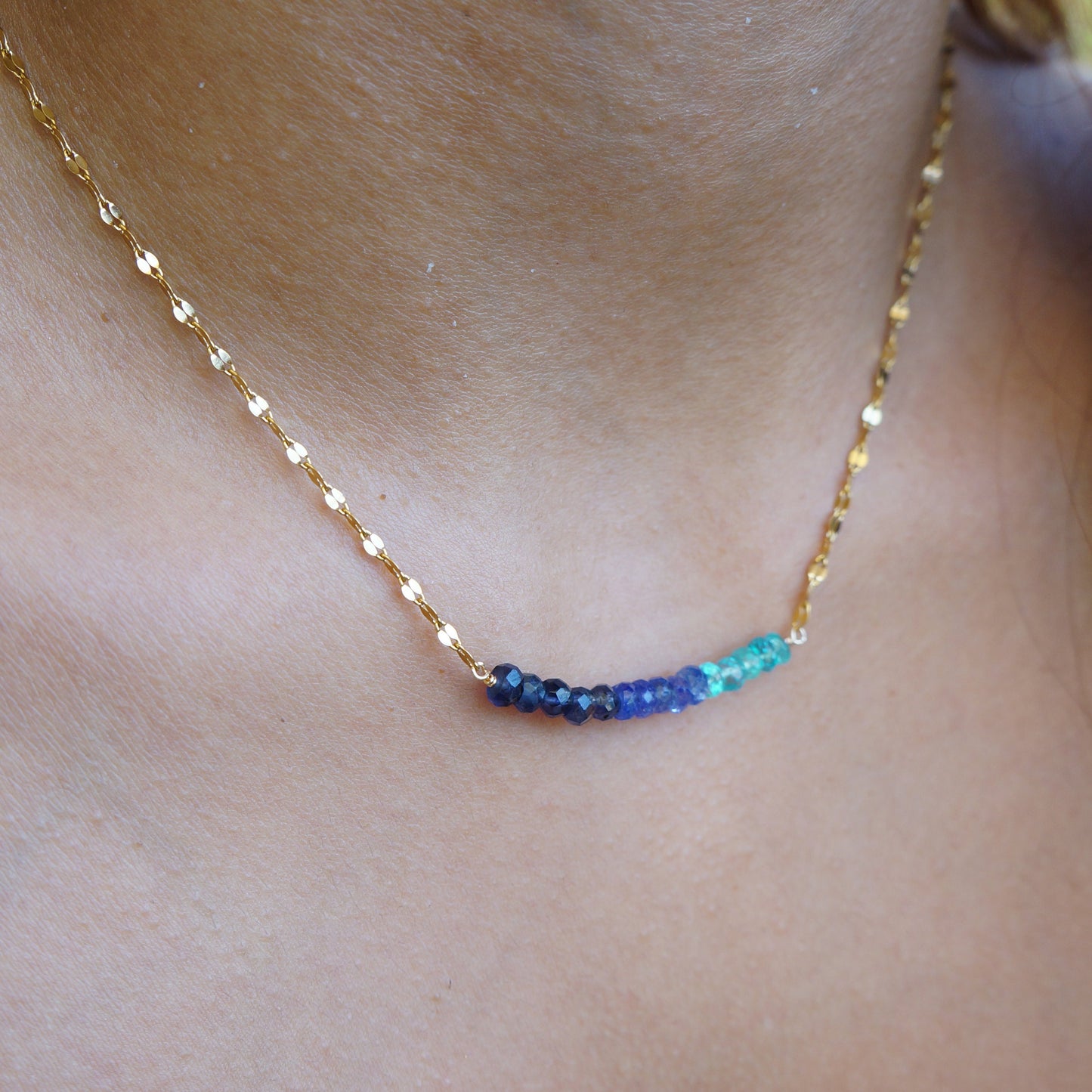 Multi Gemstone Necklace Natural Tanzanite Sapphire Apatite Stone Bar Necklace Shades of Blue Delicate Gold Gemstone Necklace for Woman