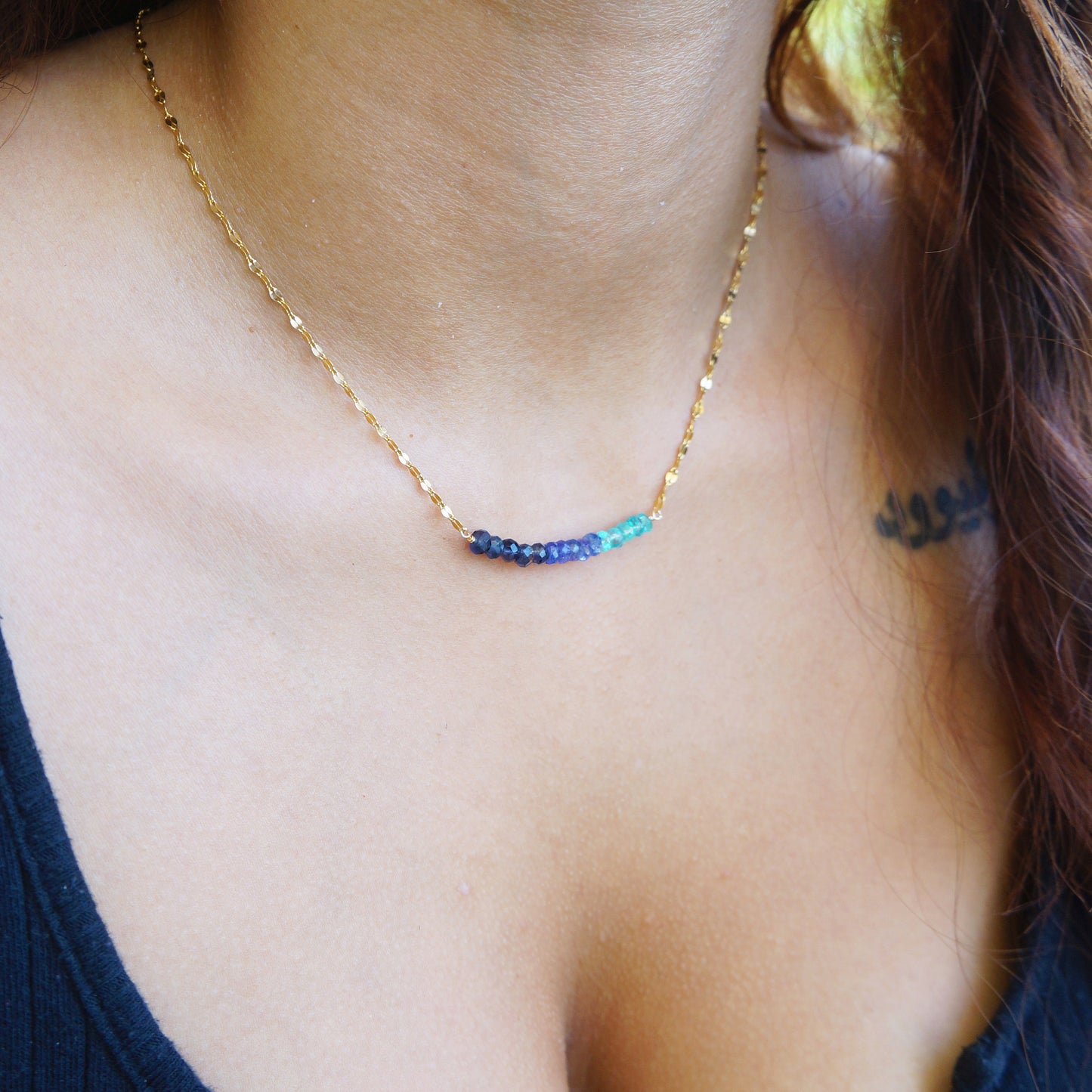 Multi Gemstone Necklace Natural Tanzanite Sapphire Apatite Stone Bar Necklace Shades of Blue Delicate Gold Gemstone Necklace for Woman