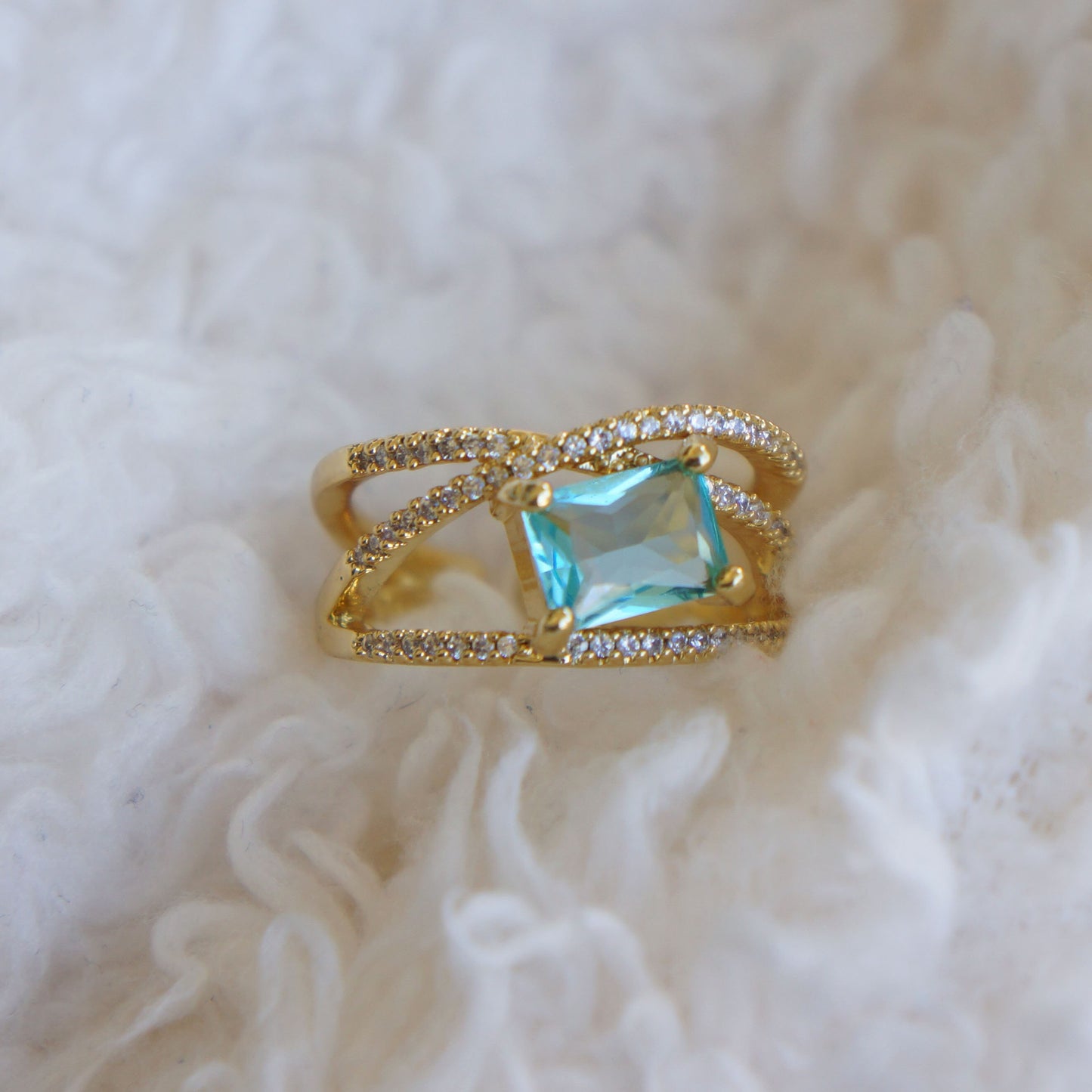 Gold Aquamarine Crystal Cubic Zirconia Ring