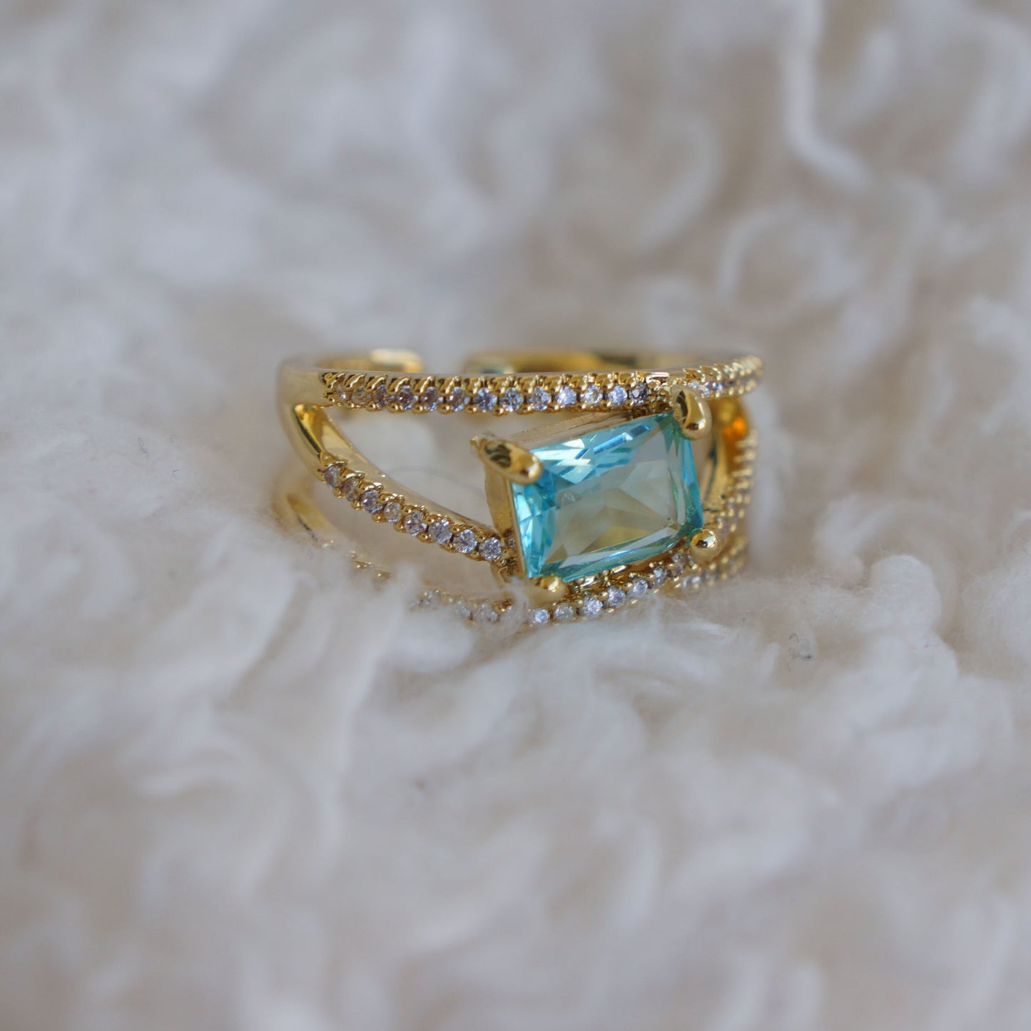 Gold Aquamarine Crystal Cubic Zirconia Ring