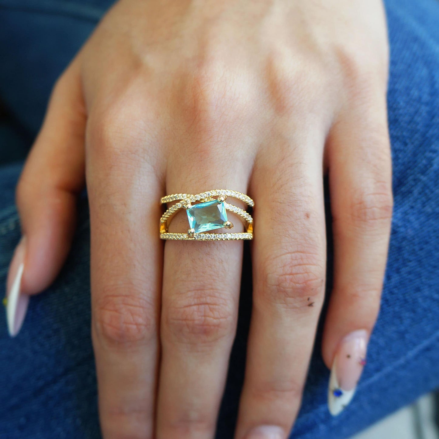 Gold Aquamarine Crystal Cubic Zirconia Ring