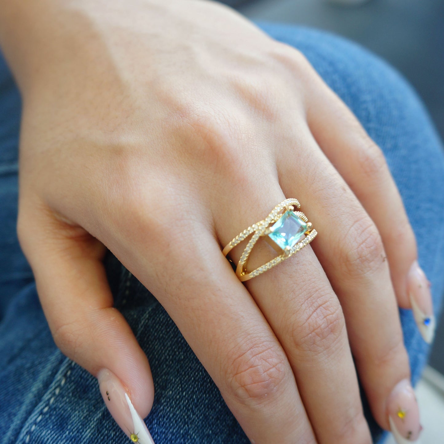 Gold Aquamarine Crystal Cubic Zirconia Ring