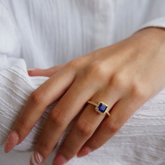 Sparkling Blue Sapphire Ring Adjustable Size, CZ Crystal Accent, September Birthstone Jewelry, Gemstone Cocktail Ring