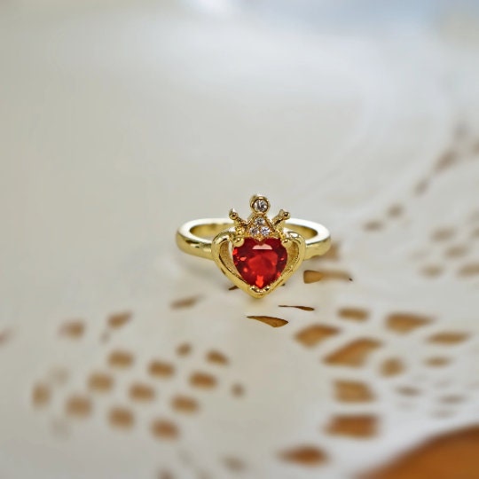 Heart Ring with Crown Detail, Red Heart Ring, Adjustable Band Ring, Love Jewelry, Gift for Her,  Love Gift