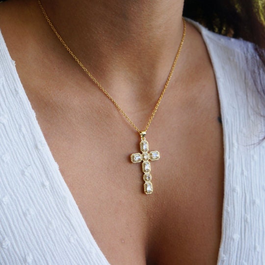 Gold Cross Necklace, Large Catholic CZ Pendant, Religious Gift, Stunning Pendant Necklace, Necklace for Women, Gift for Her