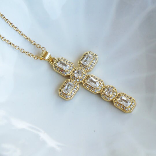 Gold Cross Necklace, Large Catholic CZ Pendant, Religious Gift, Stunning Pendant Necklace, Necklace for Women, Gift for Her