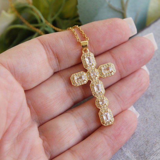 Gold Cross Necklace, Large Catholic CZ Pendant, Religious Gift, Stunning Pendant Necklace, Necklace for Women, Gift for Her