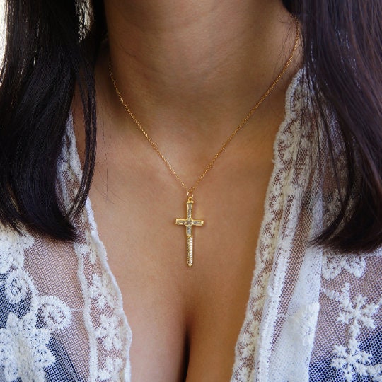 Dainty Gold Sword Cross Necklace, Sparkling Charm Pendant, Birthday Gift For Her, Protection Jewelry