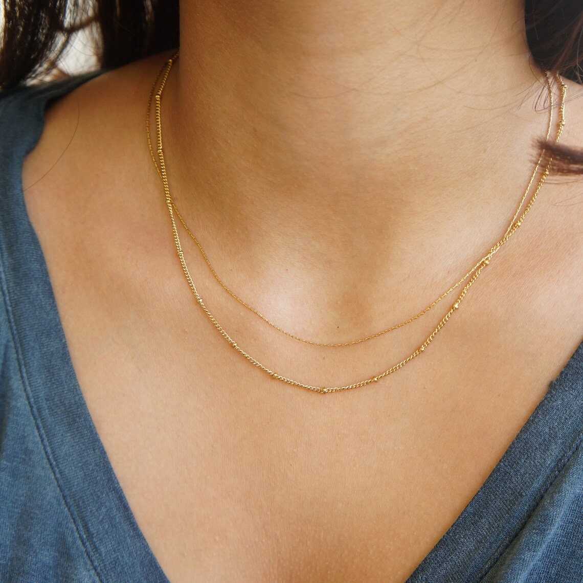 Layered Gold Double Chain Necklace, Dainty Necklaces for Her, Layered Gold Chains, Minimalist Jewelry, Gift For Her