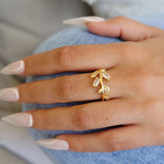 Gold Leaves CZ Statement Ring, Elegant Ring for Her, Leaf Design Ring, Nature Inspired Jewelry