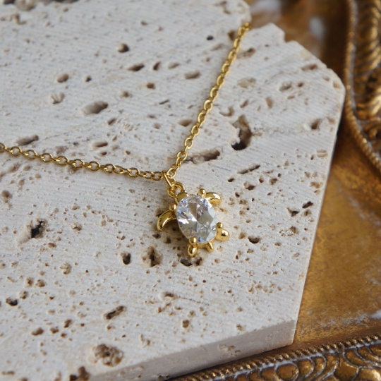 Baby Turtle Necklace Small Charm Necklace Gift for Her Gold Necklace Turtle Lover Gift Cubic Zirconia Charm Necklace