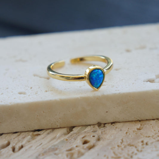 Blue Opal Gold Ring, Adjustable Ring